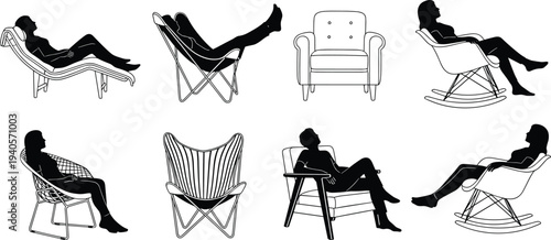 Woman relaxing on modern chairs collection silhouette illustration, lounge seating poses set, furniture lifestyle concept, interior design vector