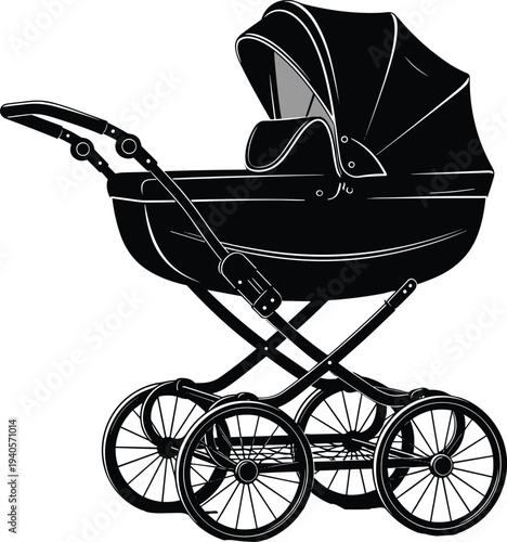 Baby stroller silhouette, classic pram carriage for newborn transport, parenting childcare equipment illustration isolated design