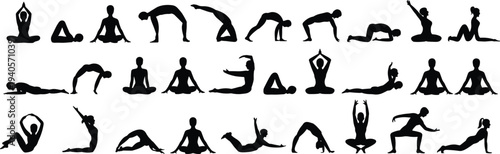 Silhouettes of people performing various yoga poses in three rows on a white background exercise