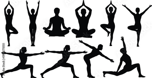 Silhouettes of people performing various yoga poses on a white background black