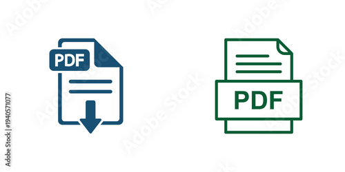 Blue and green pdf file icons for download and document management isolated on transparent background