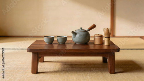 Minimalist Japanese Tea Set on Wooden Table