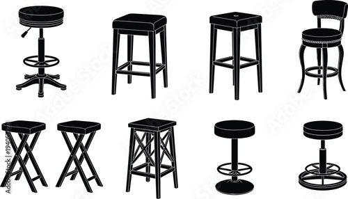 Bar stool chair silhouette collection illustration, cafe and pub seating furniture set, modern interior design vector icons