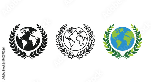 Three globe emblems framed by laurel wreaths a striking silhouette