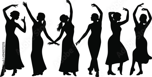 Silhouettes of women dancing in long dresses with raised arms against a white background