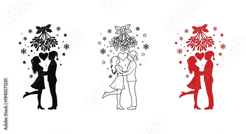 Three variations of a couple under mistletoe a romantic silhouette