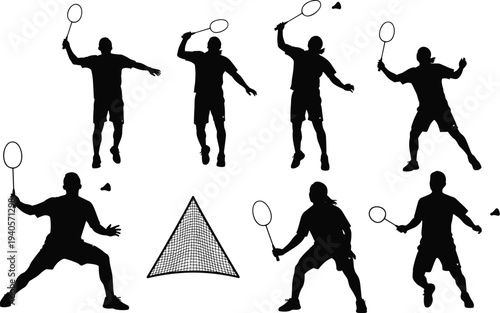 Badminton player silhouettes set, shuttlecock sport action poses, athletes playing racket game illustration isolated design collection