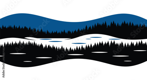 A stylized landscape featuring mountains trees and lakes silhouette