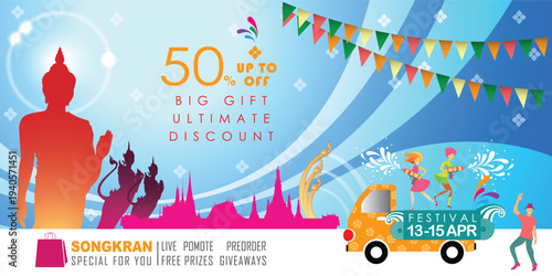Songkran sale promotion banner for Songkran Festival Abstract background. Thai New Year Holiday. The Water Splash Festival. Vector and Illustration, EPS 10.