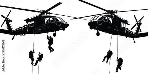 Military rescue helicopter silhouettes with soldiers fast roping, special forces tactical operation illustration, army air assault isolated on white