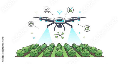 A drone flying over a field of crops, spraying fertilizer or pesticides with various icons surrounding it.