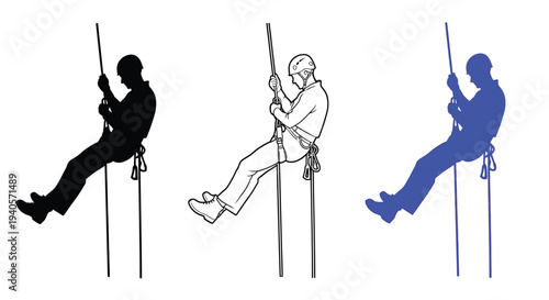 Rappelling climbers illustrated in varying styles including a silhouette
