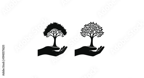 Hands cradling trees with contrasting styles a striking silhouette