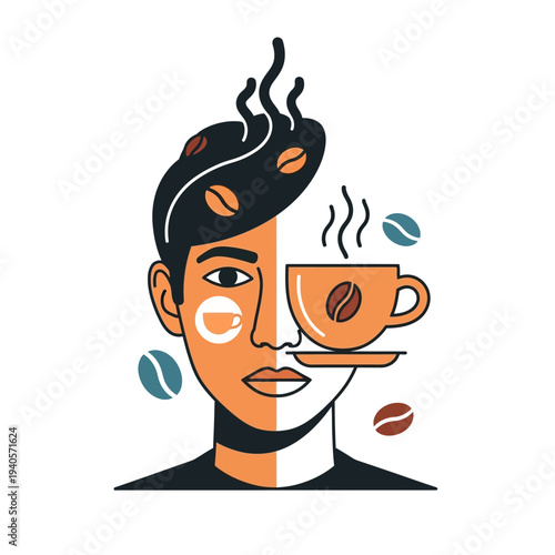 Creative Coffee Lover Portrait: Man with Coffee Cup Eye and Beans
