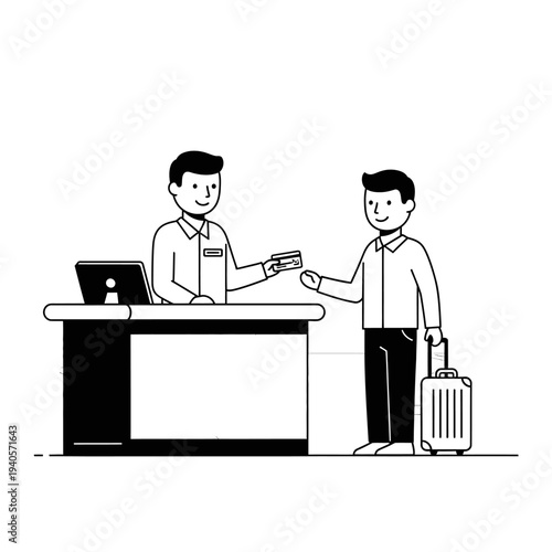 Hotel check-in: receptionist gives key card to guest with suitcase at counter