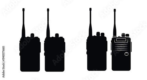 Four walkie talkies displayed in a stark black silhouette