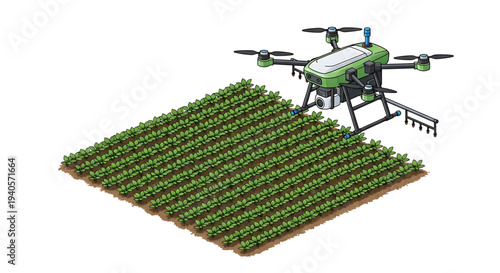 A green drone flying over a field of crops with a white background