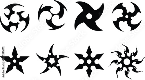 Ninja shuriken silhouettes set, Japanese throwing star weapons collection, martial arts symbol icons, traditional ninja weapon illustration design