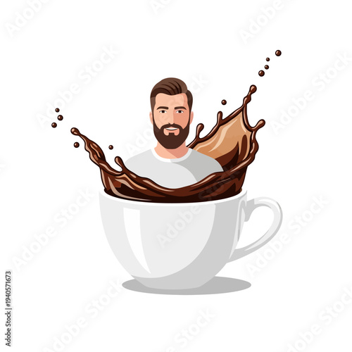 Man Emerging from Coffee Splash in Cup - Morning Energy Concept