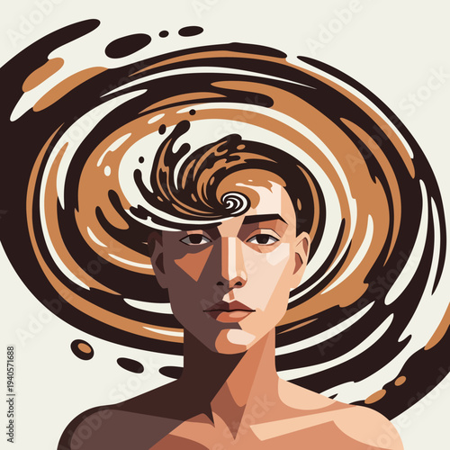 Man with swirling brown galaxy in head, abstract mind concept, creative thinking, cosmic consciousness