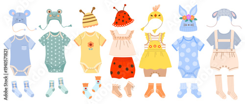 Set of cute baby clothing icons featuring animal-shaped hats, short-sleeved bodysuits, and socks. Vector icons of spring and summer clothing for newborns.