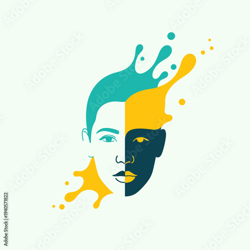 Abstract Face Splashing Colors, Creative Idea, Artistic Expression, Human Emotion, Modern Design