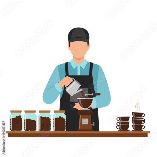 Barista grinding coffee beans, preparing fresh coffee with vintage grinder and jars of beans