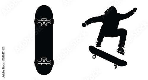 Skateboard and jumper in motion a striking black silhouette