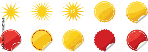 Colorful promotional stickers, badge designs, starburst labels, circular tags, curled corner graphics, marketing elements, sale icons, advertising visuals, branding materials