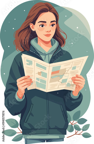 Escursionista con mappa che cerca la strada in montagna – illustrazione vettoriale