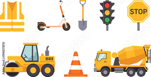 Construction and road safety icons set, traffic signals, stop sign, safety vest, machinery vehicles illustration isolated design