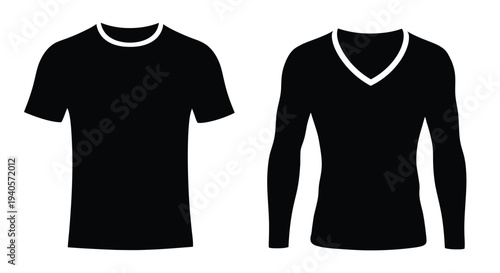 Two black t shirts a crew neck and v neck presented as a silhouette