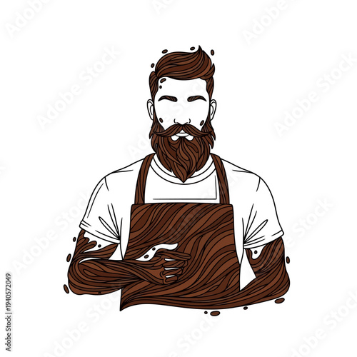 Bearded Barista in Apron, Coffee Beans Texture, Professional Coffee Maker