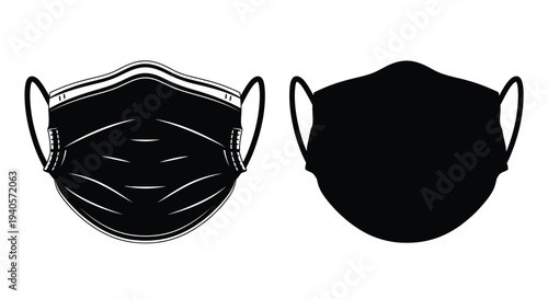 Two face masks one detailed and one a dark outline silhouette