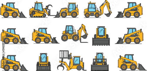 Construction machinery collection, skid steer loaders and excavators, heavy equipment vehicles set, industrial construction machines illustration isolated design