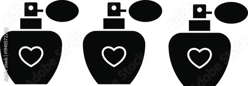Perfume bottle silhouette with heart symbol, romantic fragrance spray icon set, cosmetic beauty product illustration, love themed perfume design