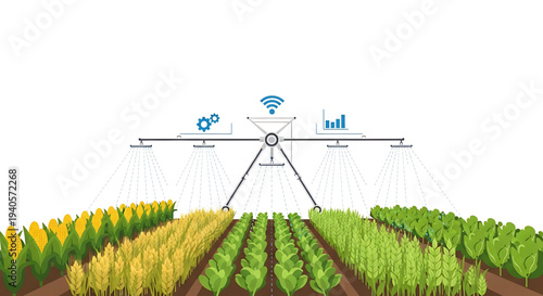 A vector graphic illustration of a smart irrigation system in a farm field with various crops and icons representing technology and data analysis
