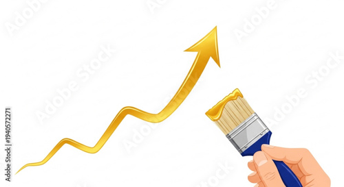 Hand holding paintbrush drawing rising yellow arrow graph on white background symbolizing growth and success
