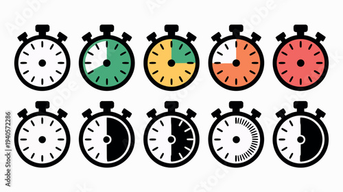 Collection of stopwatch icons showing different time intervals and colors