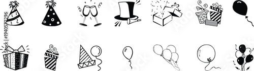 Birthday party celebration icons set isolated on white background. Hat cake gift balloons and festive elements for holiday and event design. Flat vector outline collection.