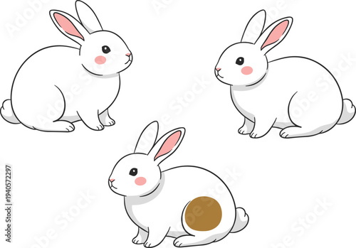 Cute cartoon white rabbits illustration, adorable bunny family artwork, animal character design, children’s educational image, unique spotted rabbit drawing, vector