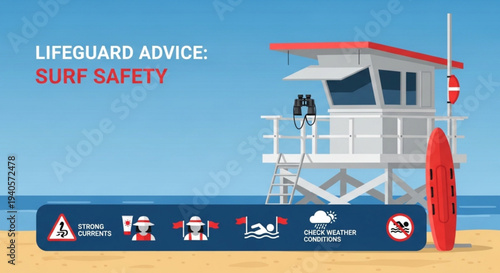 Lifeguard tower on beach with surfboard and safety signs for surf safety advice and strong currents warning