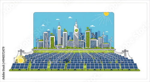 A vibrant cityscape with solar panels and wind turbines generating renewable energy