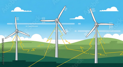 A vector graphic illustration of wind turbines generating electricity on a green hillside with a blue sky
