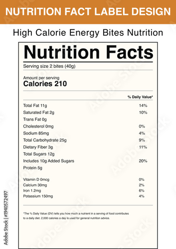 High calorie energy bites nutrition facts label