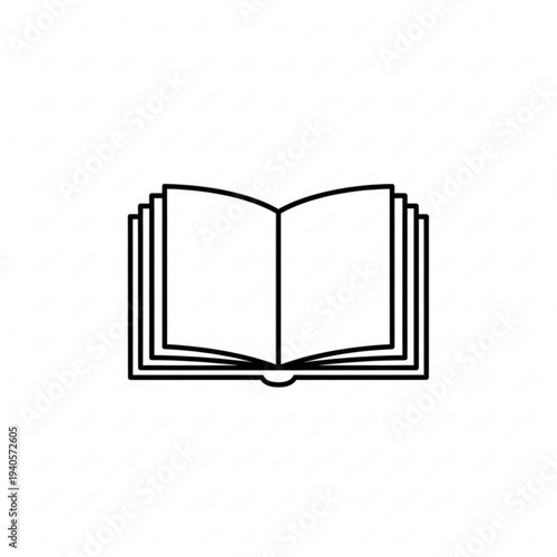 Simple black and white line art icon of an open book with pages spread, symbolizing reading, education, and knowledge.