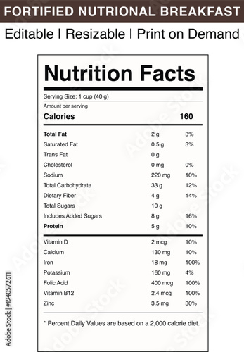Fortified nutritional breakfast nutrition facts label editable printable food packaging design