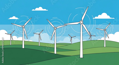 A vector graphic illustration of wind turbines on a green hill with a blue sky