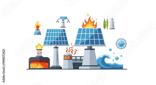 A vector graphic illustration of renewable energy sources and pollution, showcasing solar panels, wind turbines, and contrasting environmental impacts.