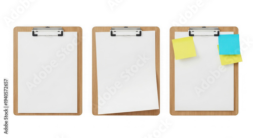 Three brown clipboards with blank white paper and sticky notes isolated on transparent background